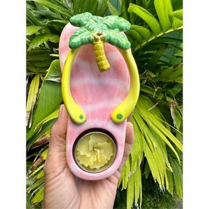 217. Dennis East pink slipper flip flop ceramic w/ coconut tree hibiscus candle